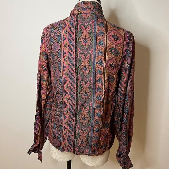 Vintage Womens Bow Blouse Size 6 Pure Rayon Button Front Neck Tie Matte Finish - Picture 15 of 16